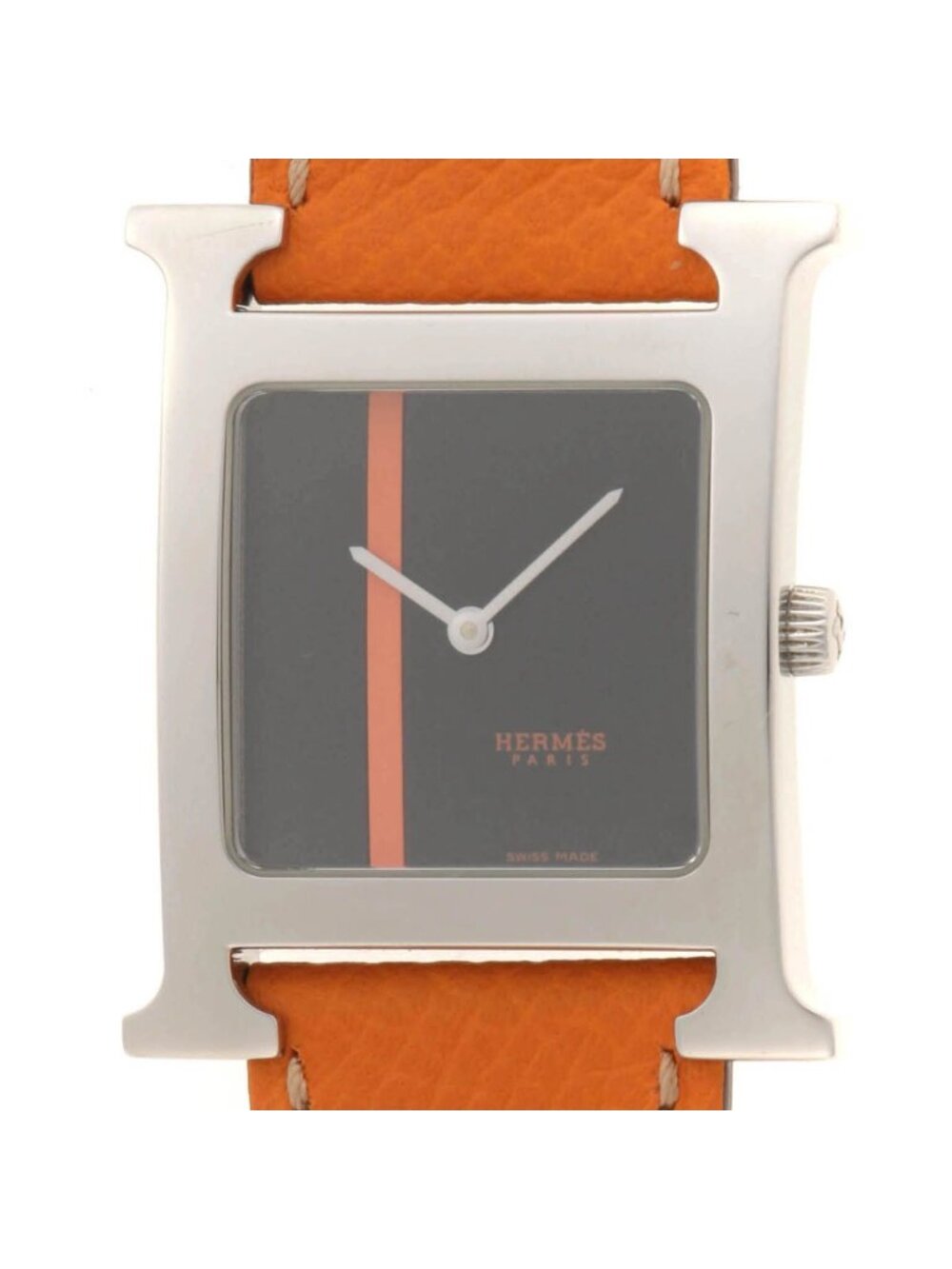 Hermes H Watch SS Stainless Steel Leather Strap Black Orange Line Dial Quartz